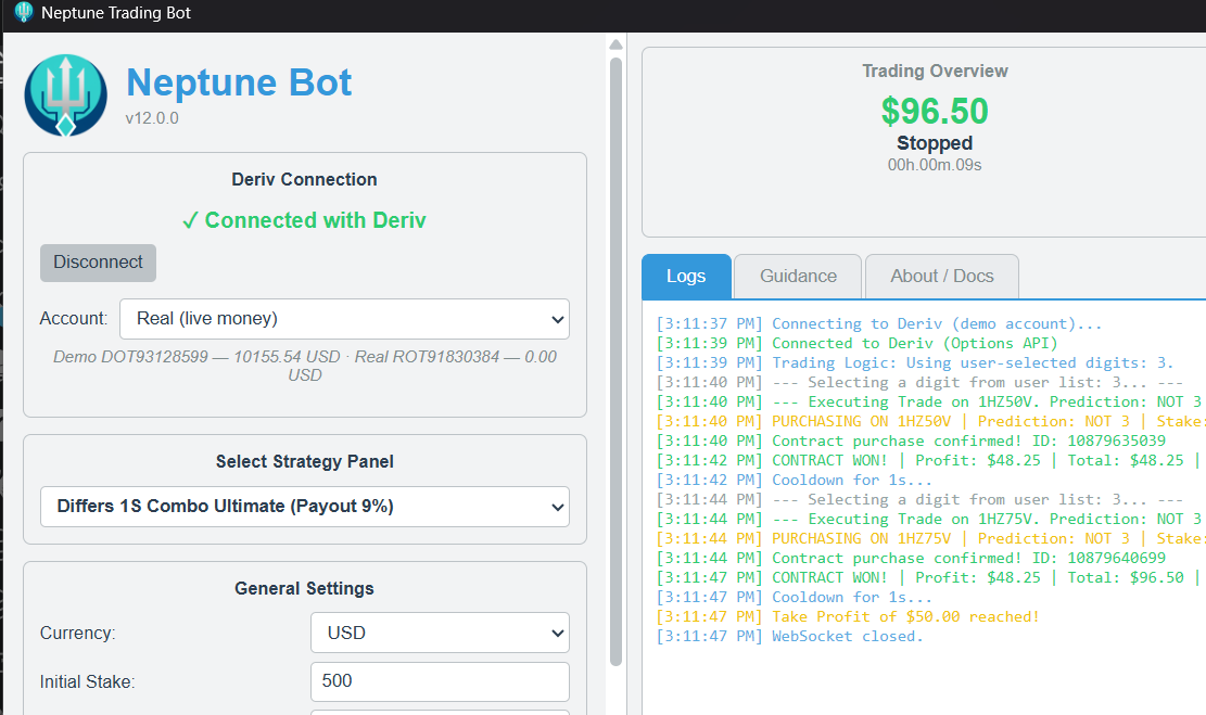 Neptune connected to a Deriv account, running the Differs 1S Combo Ultimate strategy, with a live log of won contracts and a take-profit target reached.